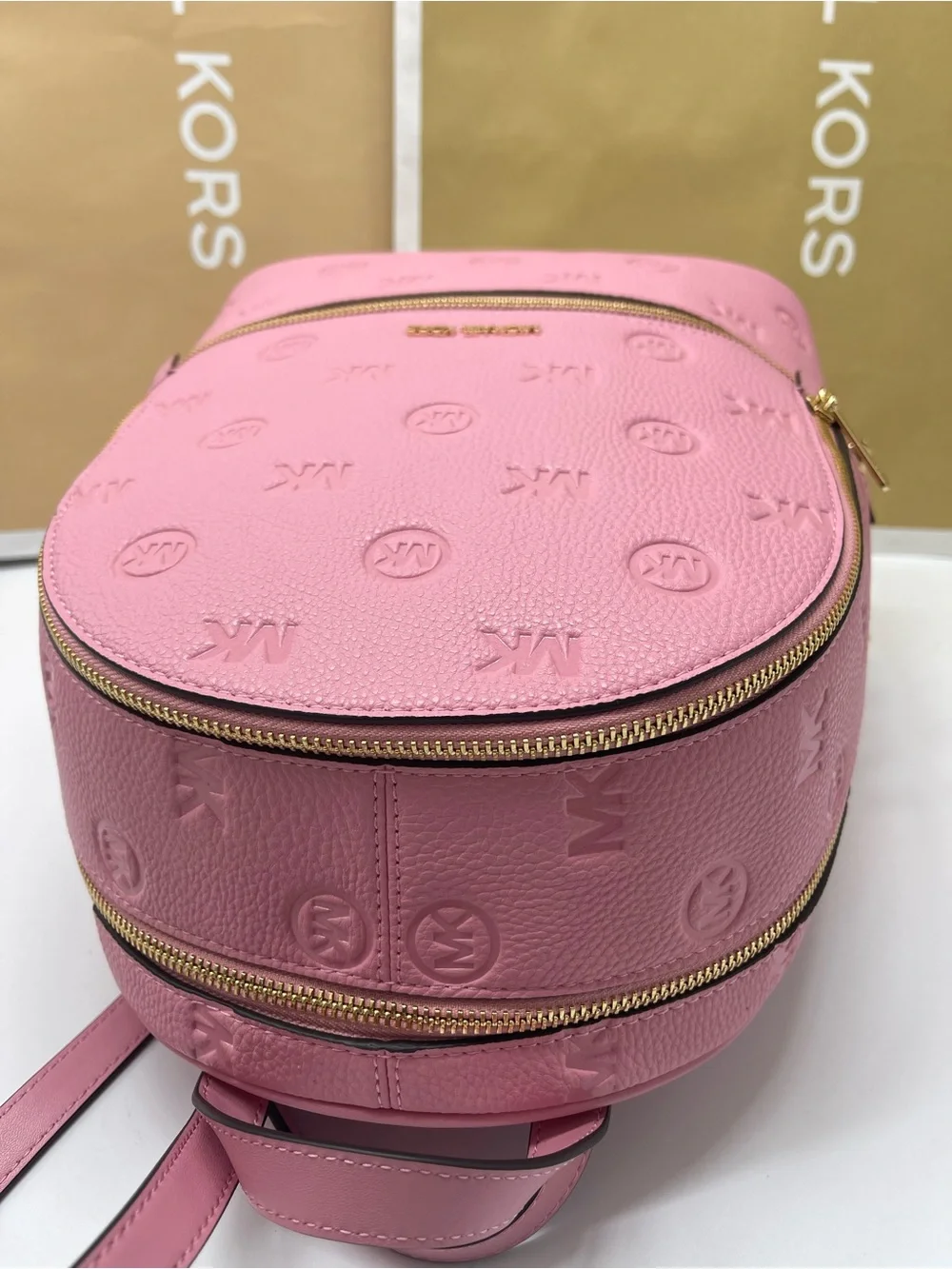 Michael Kors Rhea Medium Zip MK Logo Debossed Backpack Carnation NWT